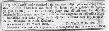 overlijden Elisabeth Duijzer 19 maart 1858
